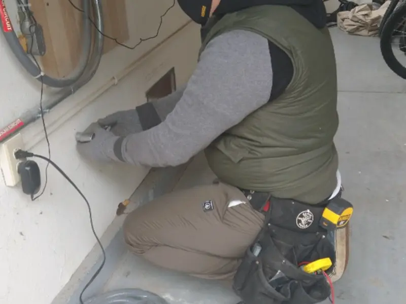 Electrician performing outlet wiring in a Lexington garage